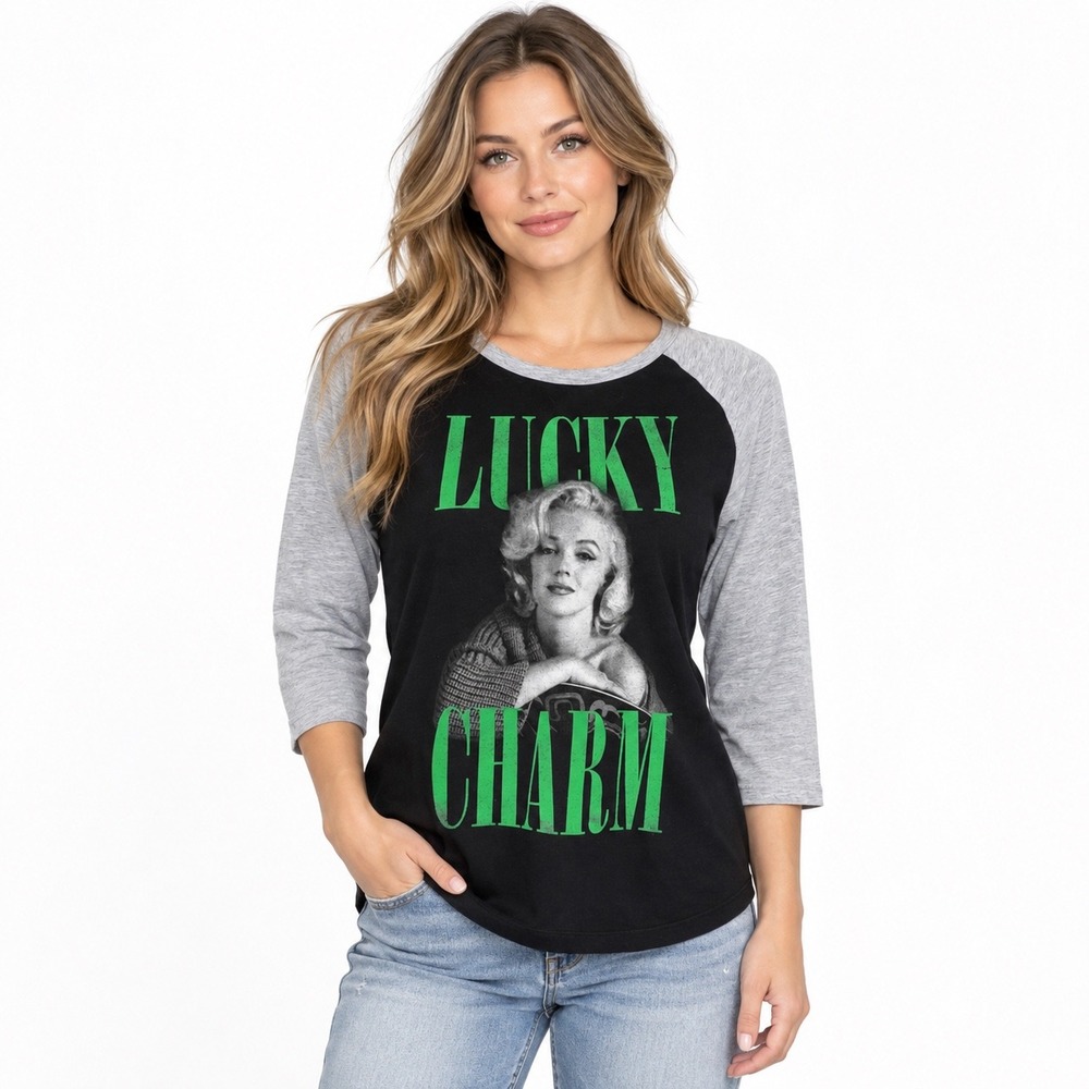 Marilyn Monroe Graphic Tee L Black Grey Lucky Charm Raglan 3/4 Sleeve Top Pinup